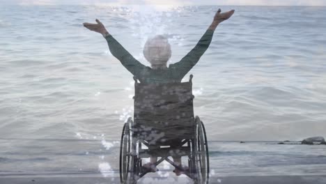 Animation-of-sea-landscape-over-disabled-cuacasian-woman-sitting-in-wheelchair