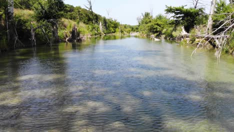 quickly flying just above the river in an open section towards a wooded section