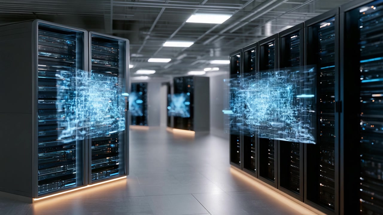 High-Tech Data Center Showcasing Advanced Server Racks and Flowing Data Visualizations in a Modern Infrastructure Environment