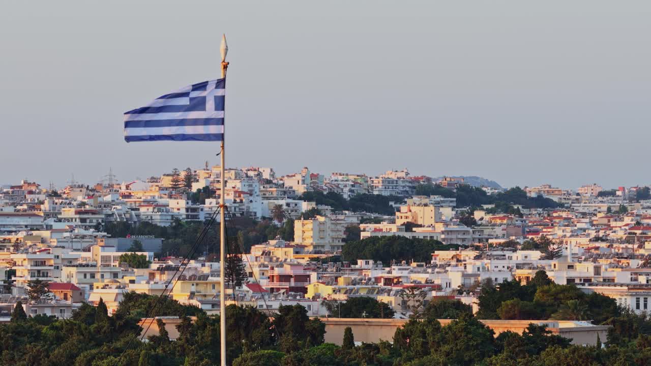 Cityscape of Greece with Greek Flag