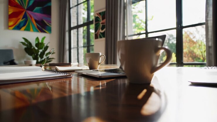 Espaço de trabalho de escritório em casa com luz natural