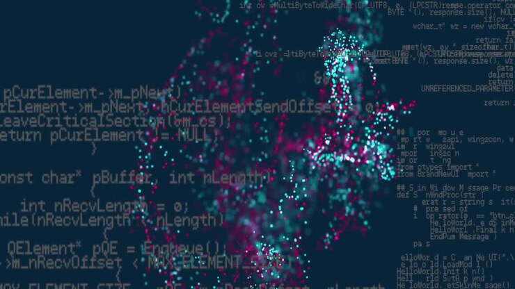 Animation of particles forming abstract pattern over computer language on black background