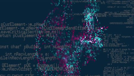 animation of particles forming abstract pattern over computer language on black background
