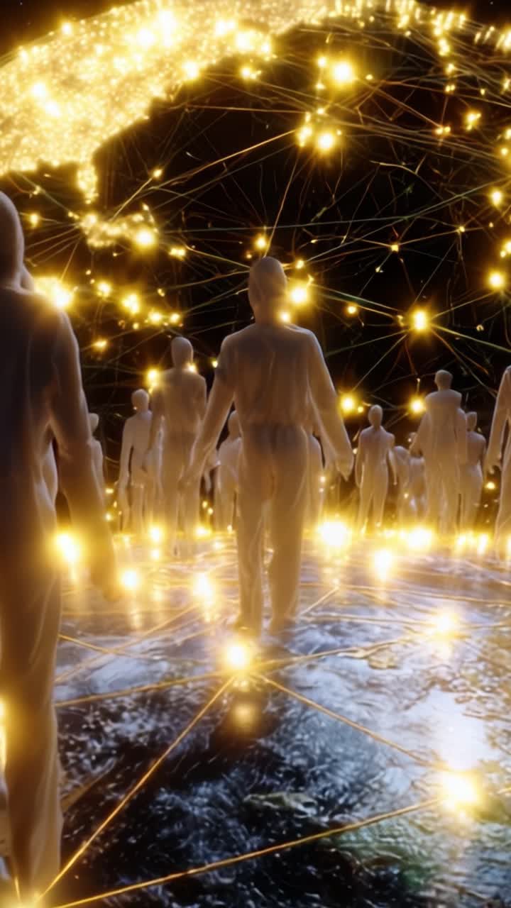 Sagome illuminate che camminano verso una frontiera digitale con reti connesse e stelle in una rappresentazione astratta del futuro dell'umanità e della tecnologia.