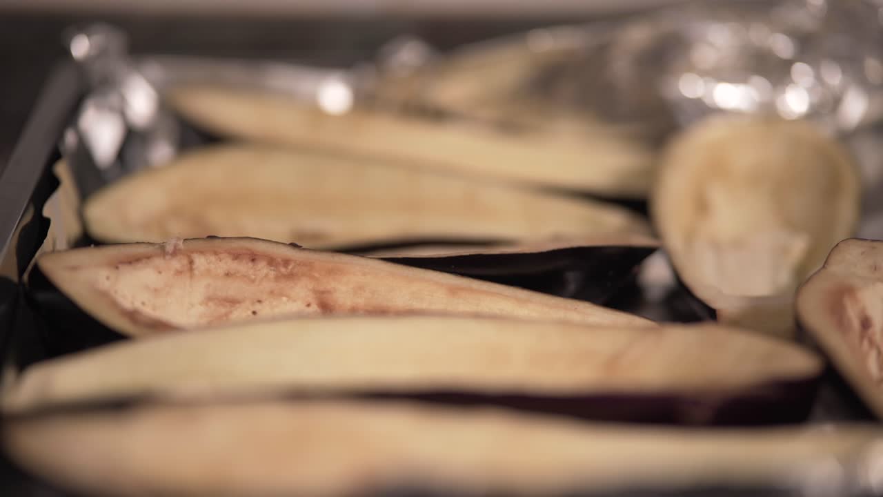 Roasted Eggplant on a Baking Sheet
