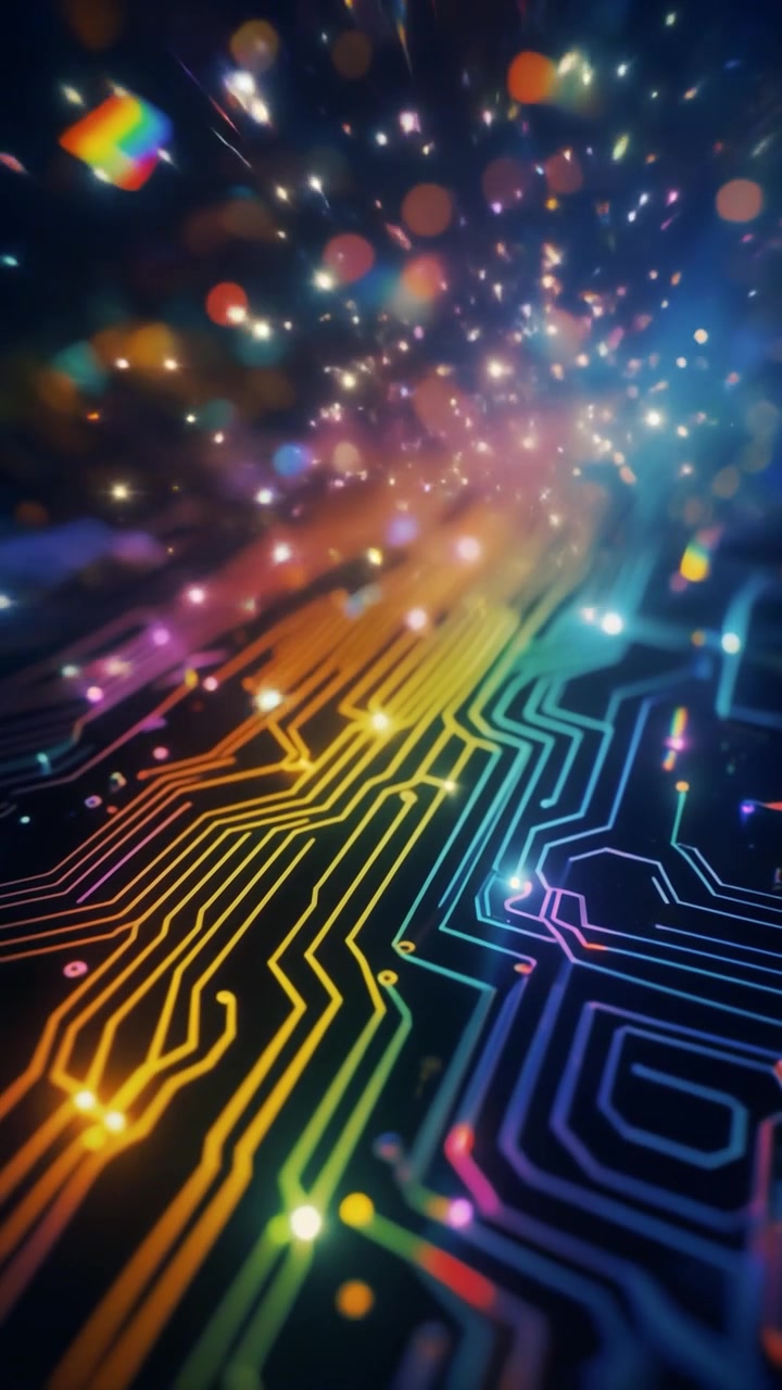 Abstract Digital Circuit Board with Glowing Rainbow Data Flow