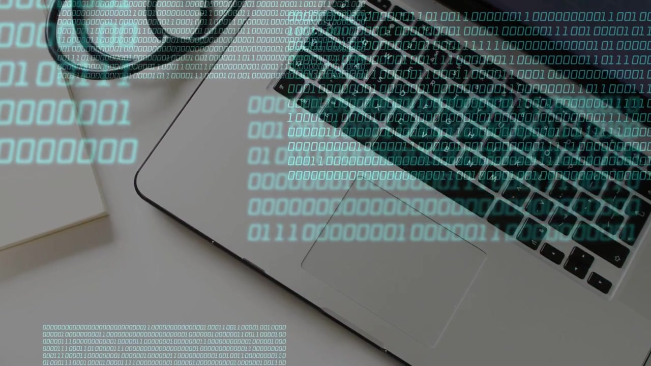 Pannelli di codice binario ciano che entrano da sinistra e scorrono in diagonale sopra un laptop, mostrando dati medici.