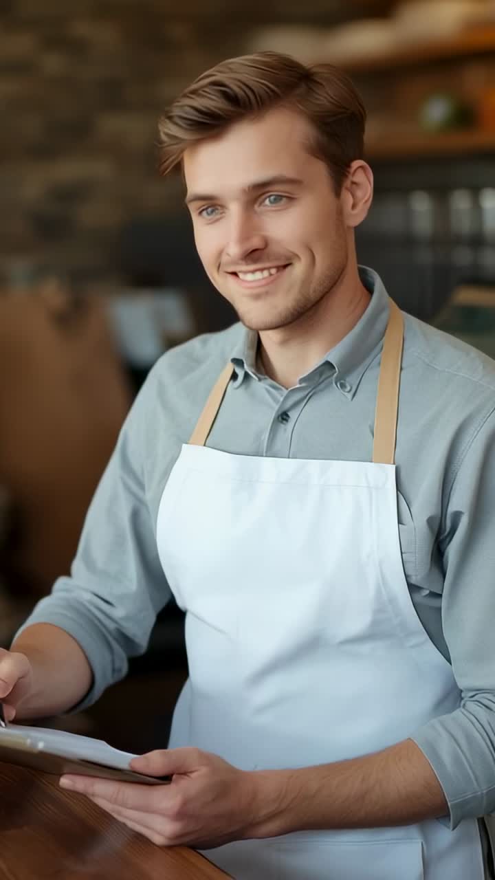 Vertical video: Listening barista recording order on tablet at coffee counter, confirming details