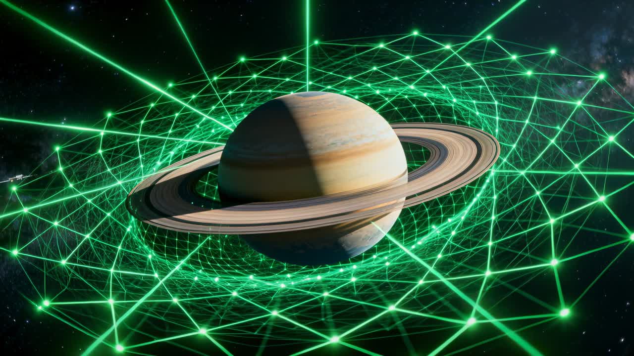 Rotating ringed giant showing terminator shadow and tilting rings in stars, green lattice, nebula