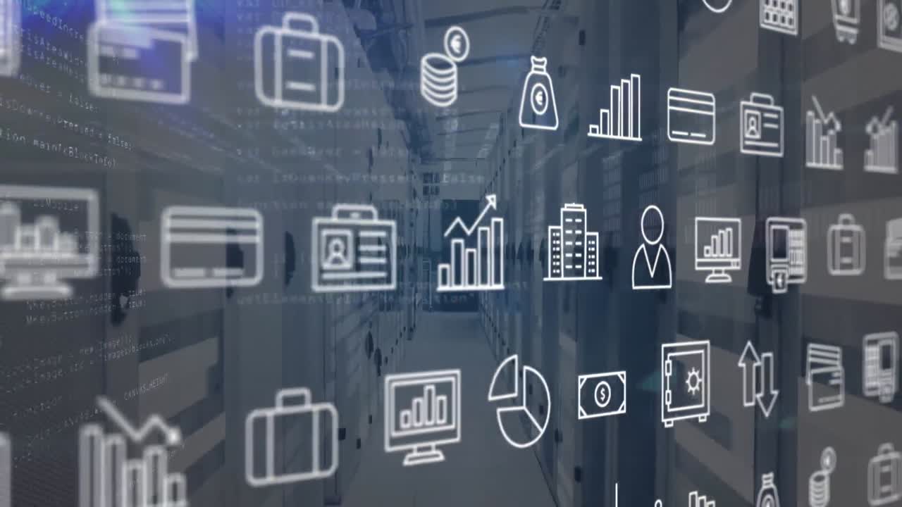 animación de múltiples iconos y lenguaje informático en la sala del servidor de datos