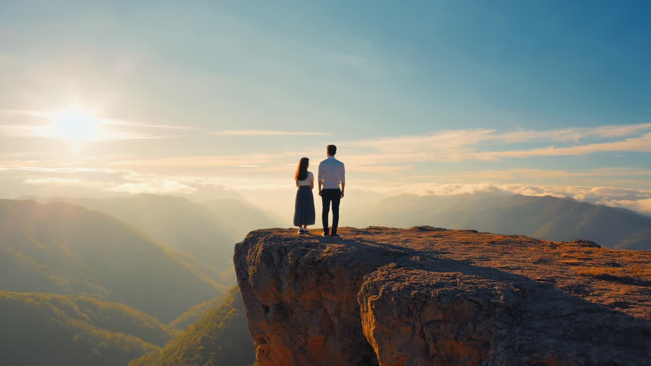 Couple standing on the edge of a cliff, admiring a breathtaking sunset over a vast mountain valley, embracing the beauty of nature and the tranquility of the moment