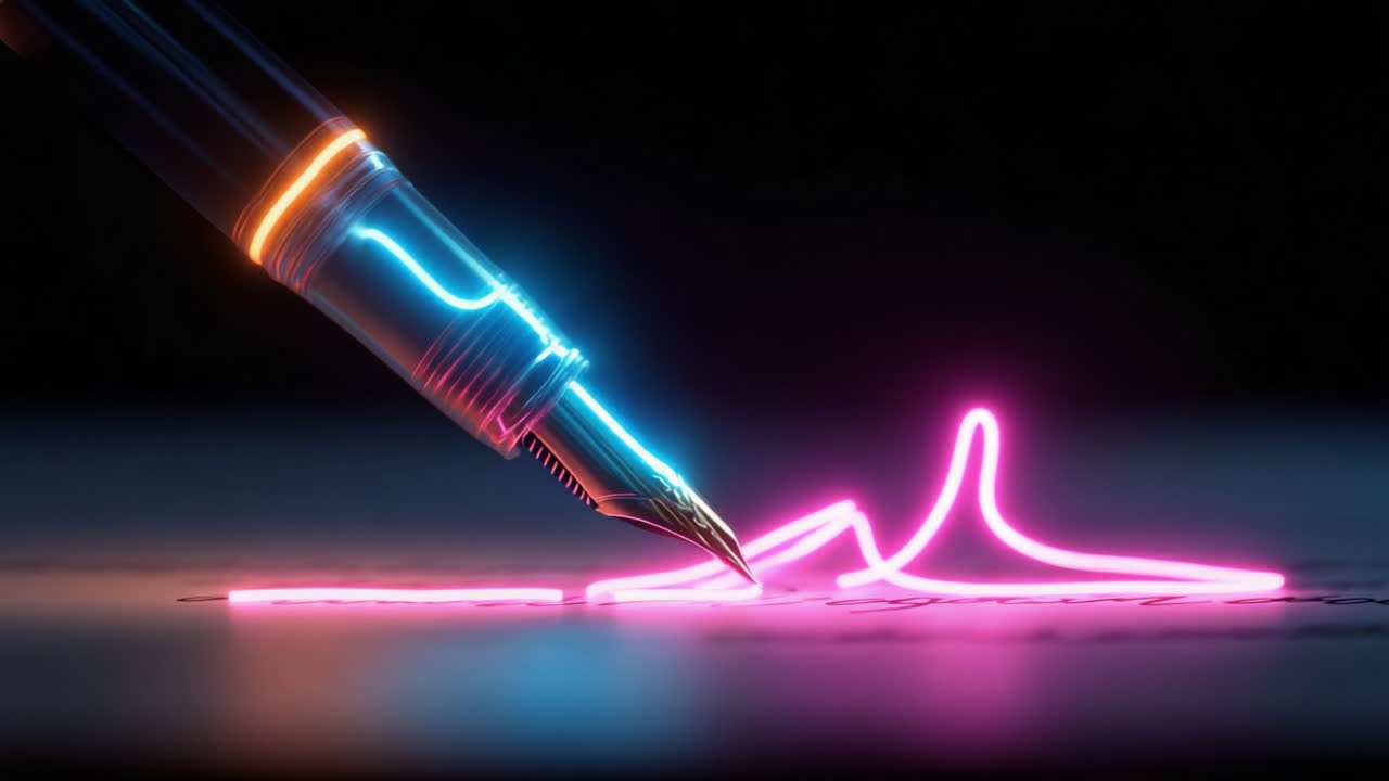 Stylish futuristic fountain pen with a classic nib writing a signature with glowing pink neon ink on a reflective surface against a dark background, representing digital contracts and innovation