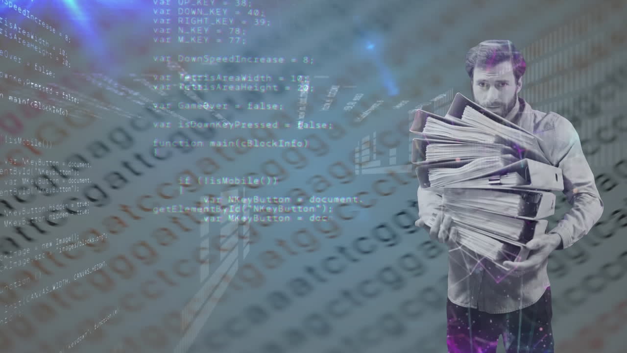 Animazione di un uomo che trasporta una pila di fascicoli d'ufficio con codifica digitale ed elaborazione dati.