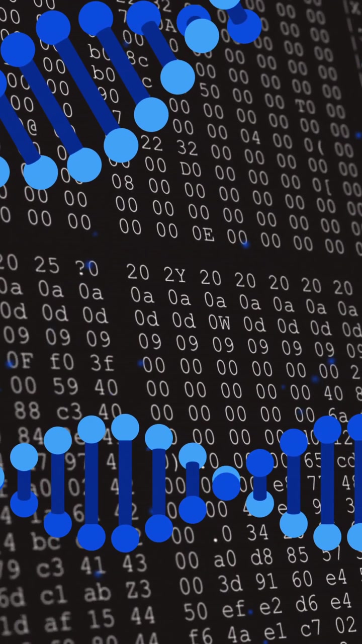 Processing scientific data, DNA strand intertwining with binary code animation