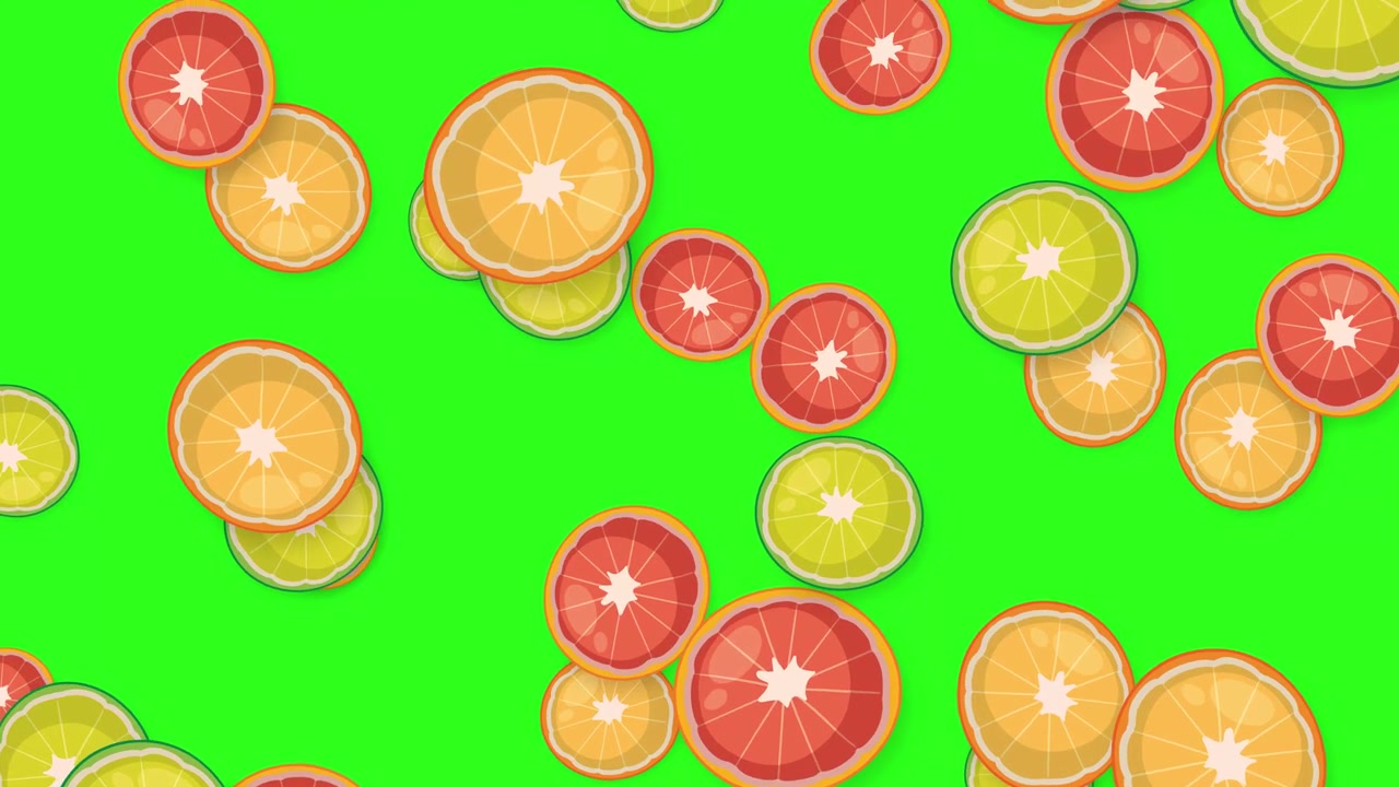 Fette colorate illustrate in 2D di arancia, lime e pompelmo cadono verticalmente su un green screen