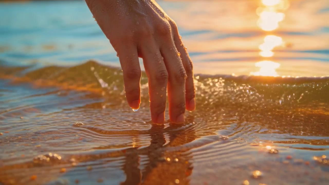 Reaching hand pressing fingers into shore, probing sand and sun as small wave lapping and splashing