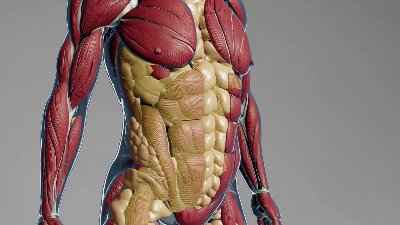 A video showcasing a detailed 3D anatomical model of human muscles from a rear angle