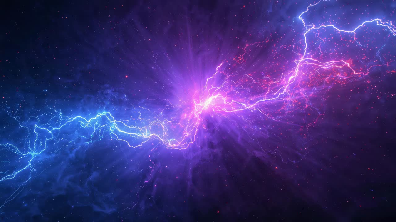 Archi di energia blu e magenta che si avvicinano e si scontrano al centro di una nebulosa viola, creando un nodo luminoso
