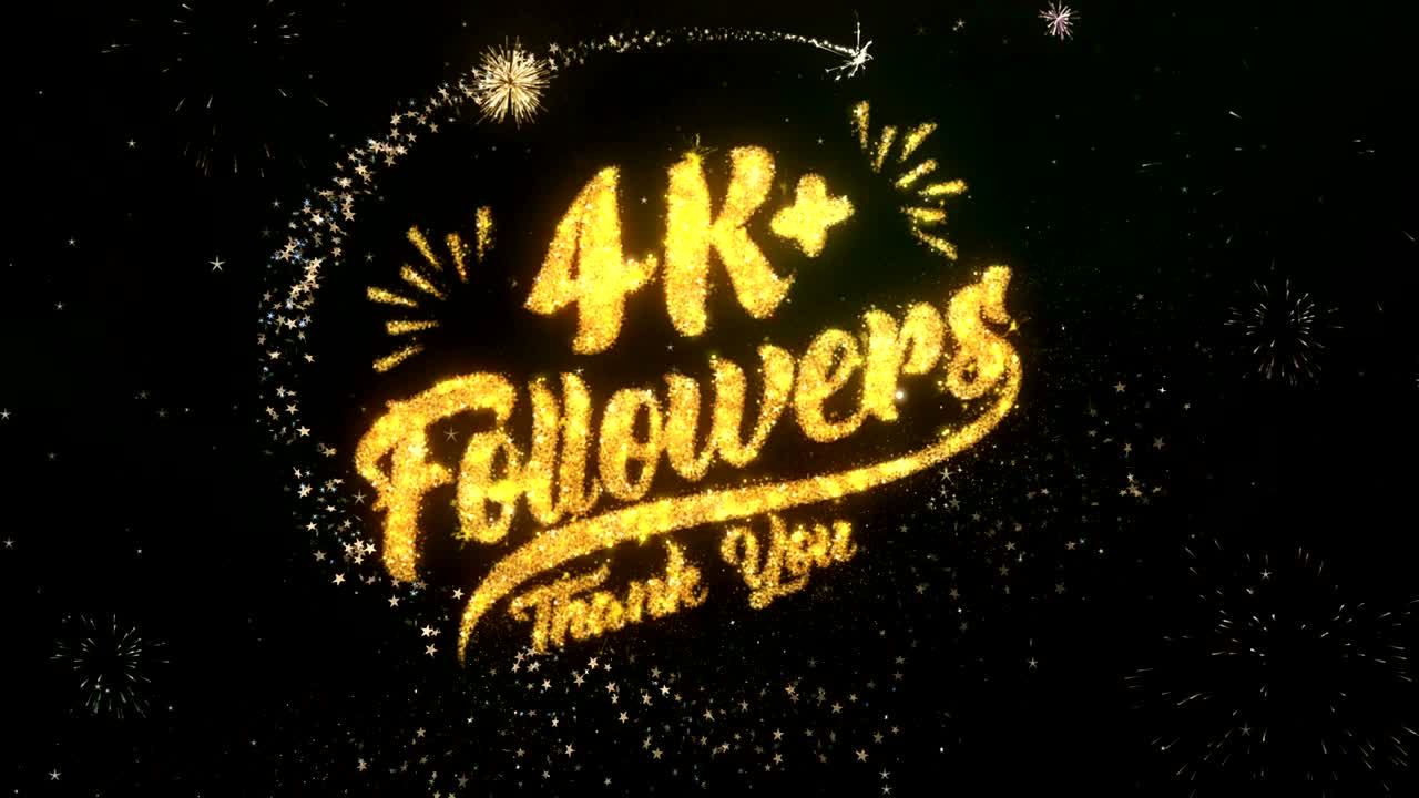 4k 추종자 인사 및 소원 카드는 반이는 입자 및 반이는 빛이 어두운 밤 하늘과 다채로운 불꽃놀이 4k 배경으로 만들어집니다.