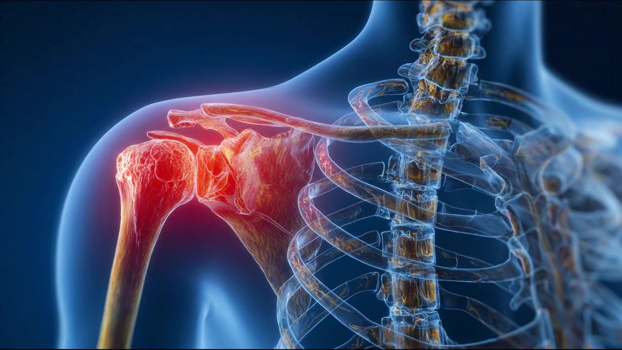 Visualizzazione dell'anatomia della spalla umana che mostra tessuto articolare evidenziato in rosso brillante