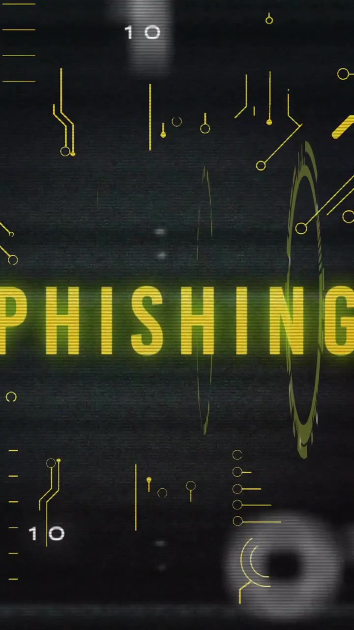 Animazione di testo di phishing ed elaborazione di dati digitali su sfondo nero.