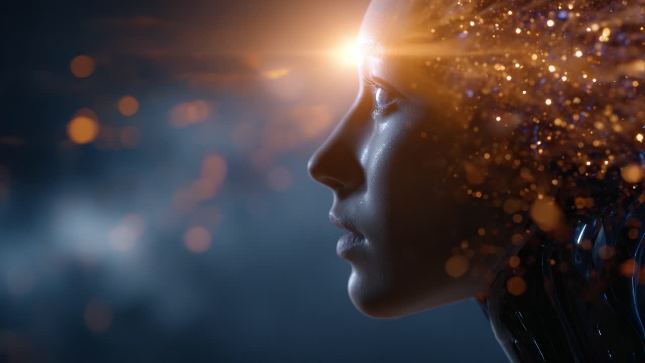 A Surreal Encounter Between Humanity and Technology as the Human Face Transforms Into Sparkling Energy in a Stunning Futuristic Setting