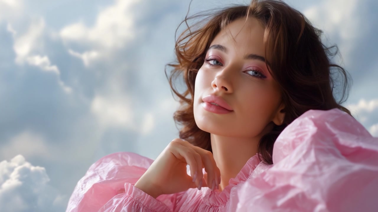 Ritratto accattivante di una giovane donna in una blusa rosa con maniche a sbuffo su uno sfondo di cielo nuvoloso e sognante, con illuminazione soffusa e un'atmosfera elegante.