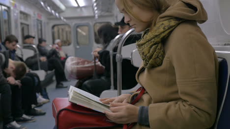 woman reading a book in tube train