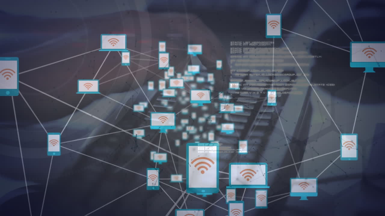 Animation of networks of connections with icons over hands typing on keyboard