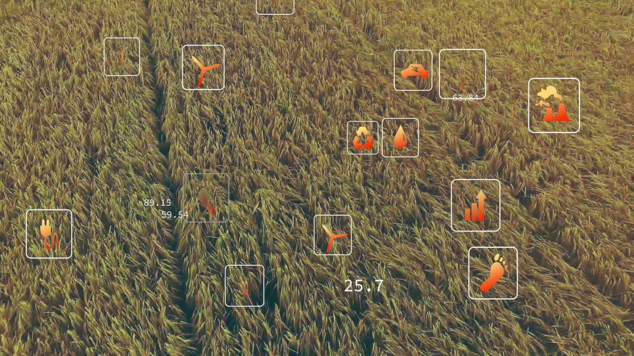 Showing aerial wheat field featuring sustainability icons and floating numeric labels along track