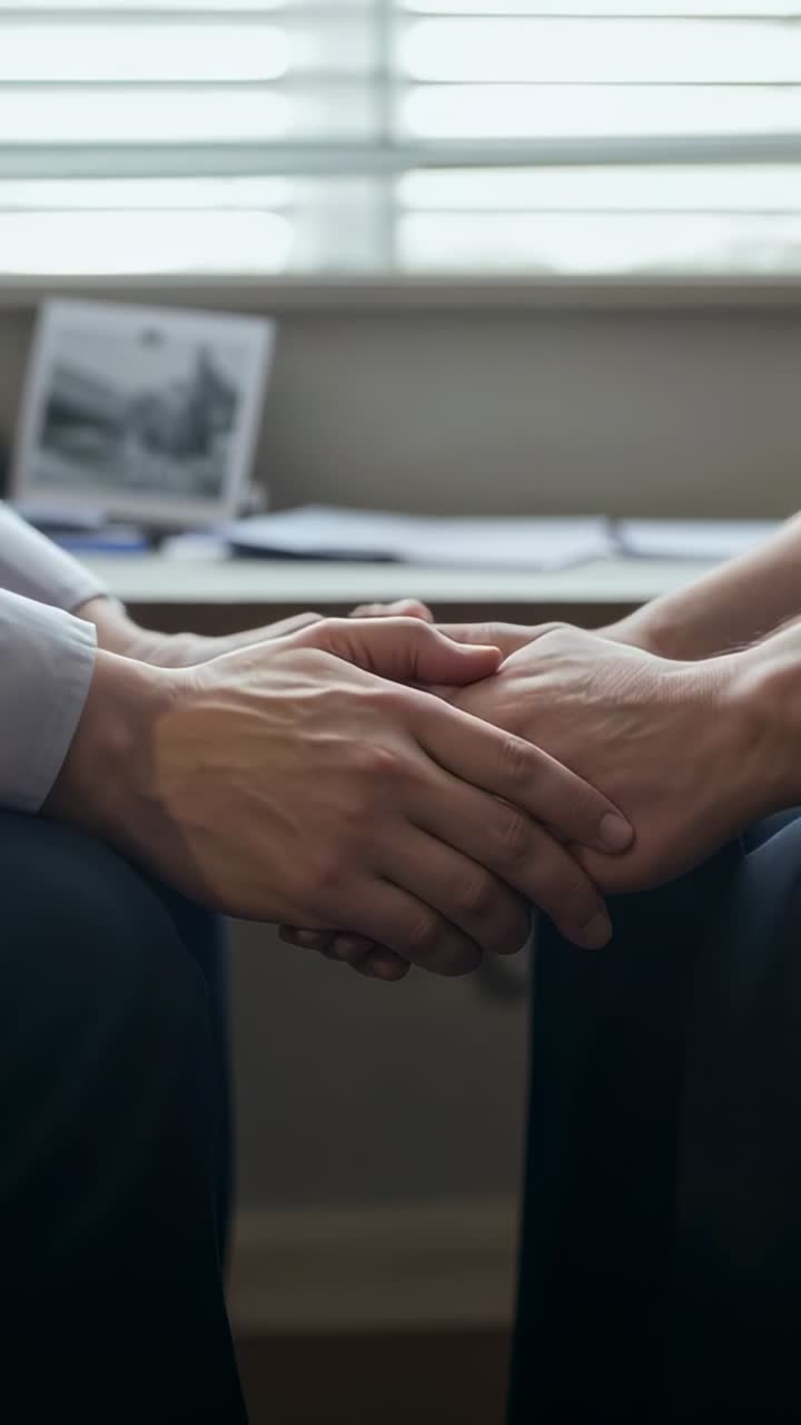 Video verticale: mano sinistra che raggiunge la mano destra allacciata al colletto in ufficio, accanto a delle persiane