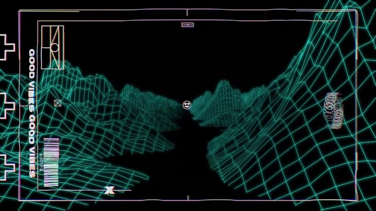 Animation of screen with good vibes text moving over grid patterned mountains