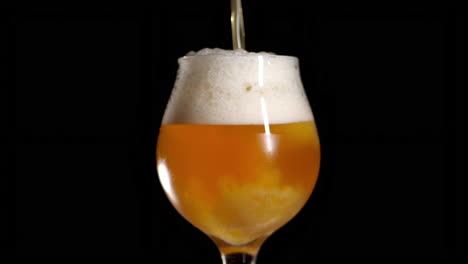 Slow-Motion-of-craft-Beer-being-poured-in-to-a-tulip-glass,-black-background