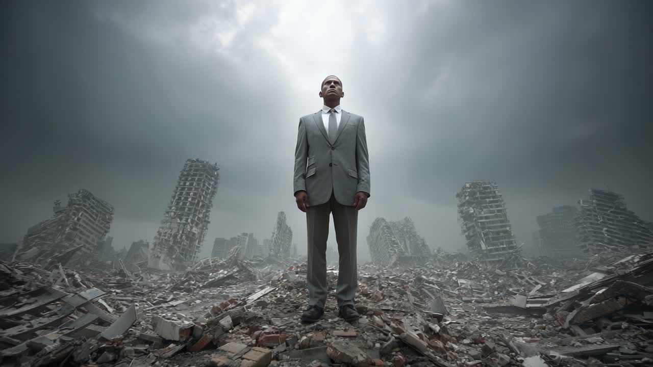 A solitary figure stands amidst the ruins of a desolate landscape, embodying resilience and hope in a post-apocalyptic world, framed by the twisted remains of once-mighty structures