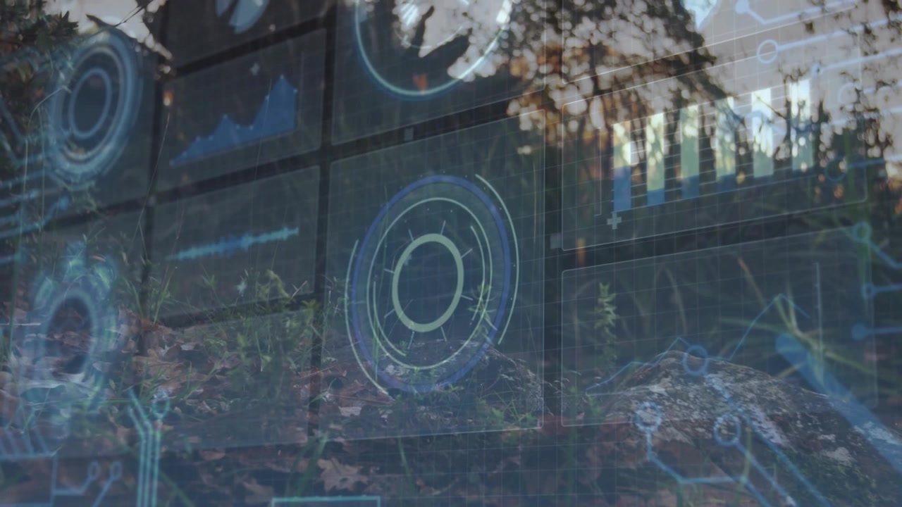 After camera panning forest nine-panel dashboard fading with rotating gauges showing analytics