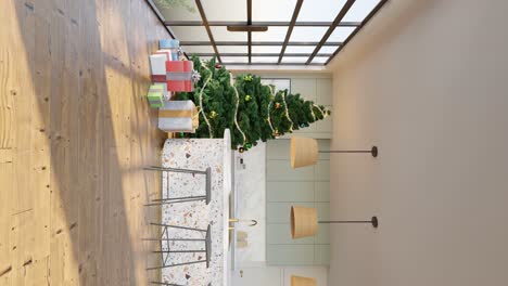 cocina elegante con una mesa de bar, sillas y decoración de navidad- diseño interior 3d vertical