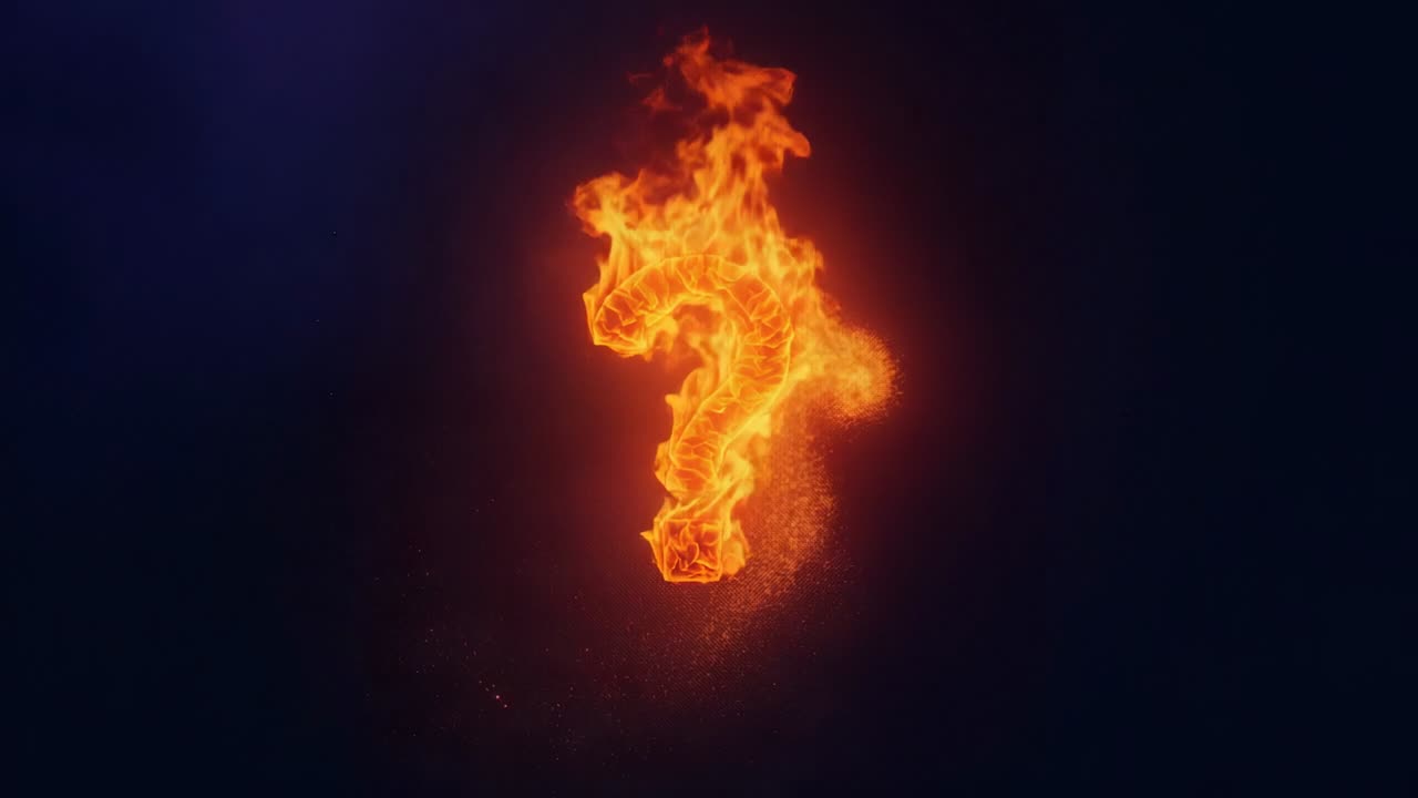 Coalescing embers forming flaming question mark in dark void, pulsating, swirling, drifting sparks