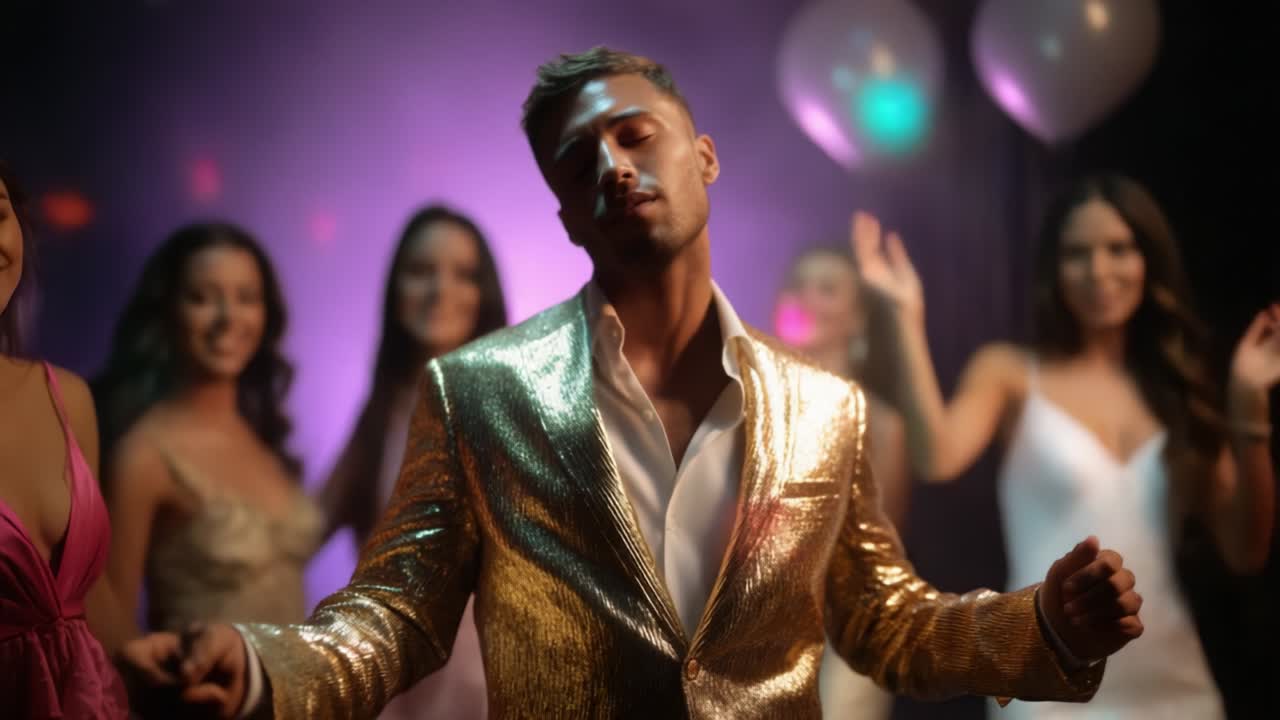 A vibrant and celebratory scene featuring a stylishly dressed man in a shimmering gold jacket, dancing amidst a lively group of elegantly dressed women at a festive party filled with colorful lights and balloons
