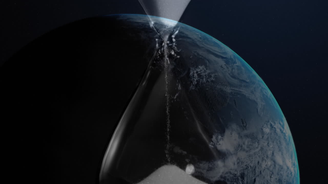 Animation einer Vintage-Sanduhr über einem sich drehenden Globus auf blauem Hintergrund.