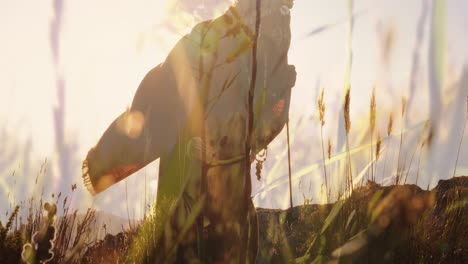 woman hiking while wearing traditional clothes 4k