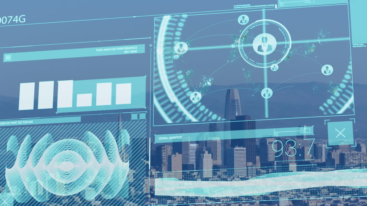 도시 풍경의 공중 전망에 대한 데이터 처리와의 인터페이스의 애니메이션