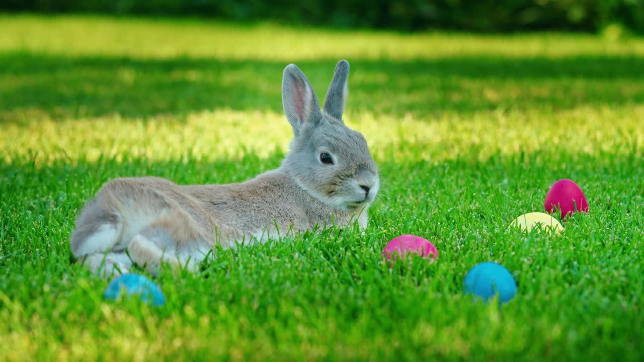 conejo de pascua en la hierba con huevos