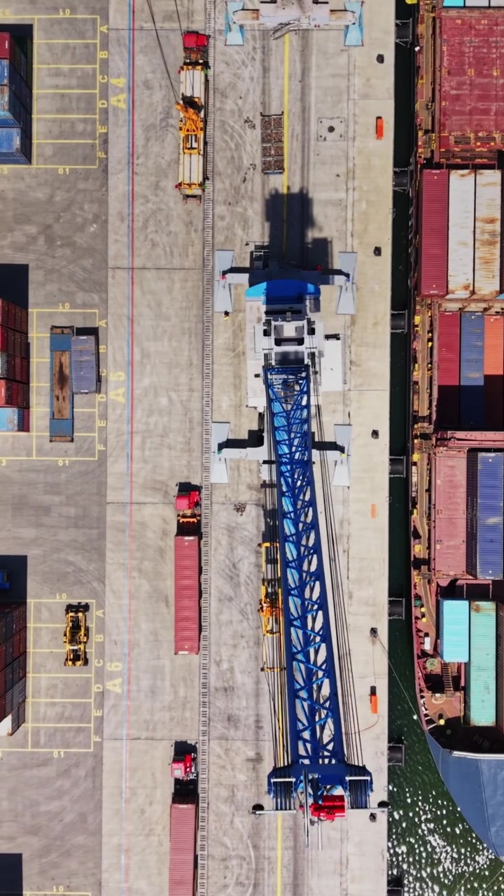 Trucks and shipping containers arranged in a busy loading area