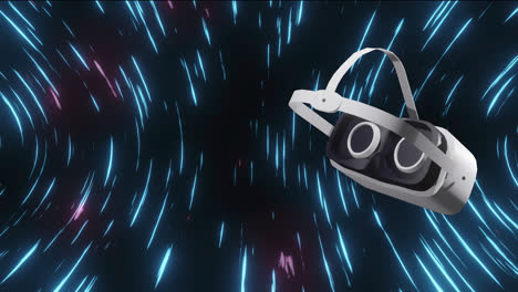 animation of vr headset over glowing light trails on black background