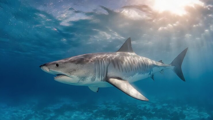 Majestic Tiger Shark Gliding Through Vibrant Ocean Depths, Captivating Light Filtering Through Water, Showcasing the Beauty and Power of Marine Life
