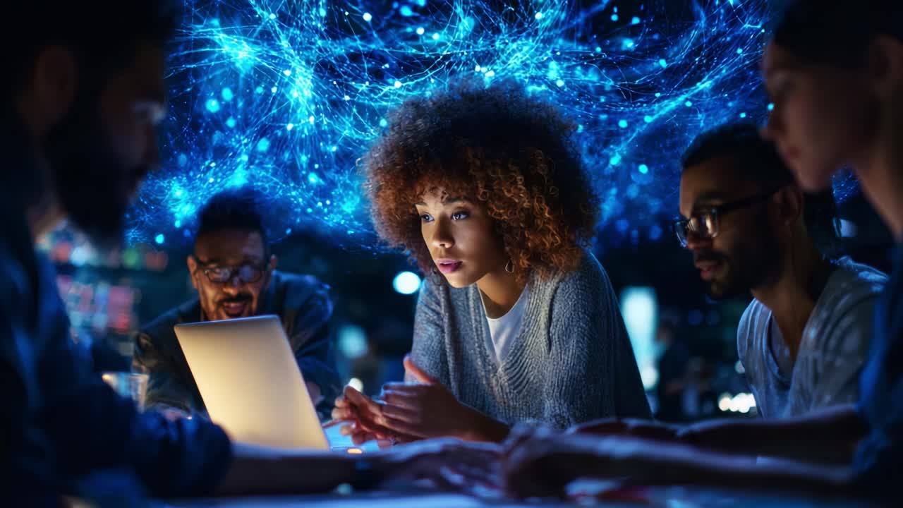 A collaborative group of diverse individuals engaged in a focused discussion around a laptop while surrounded by captivating visualizations of digital connections and data flow
