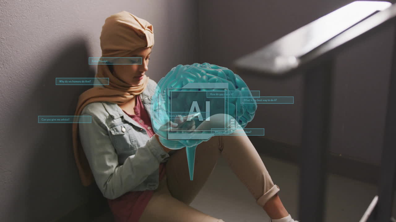 Animation of ai text and data over biracial female student in hijab with tablet