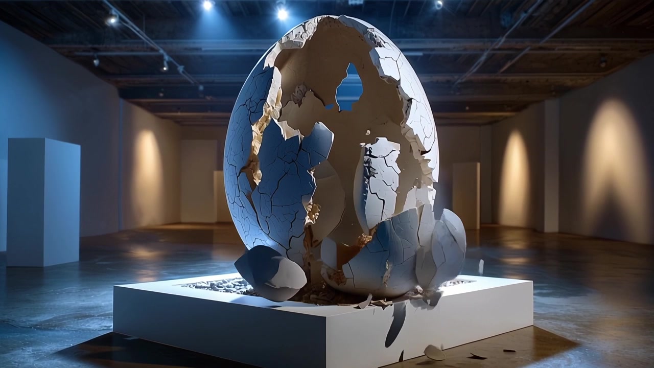 Frattura drammatica di una grande scultura a forma di uovo in una galleria d'arte