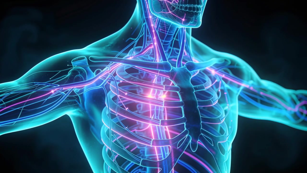 Animazione in riproduzione di un torso 3D con vasi pulsanti e sterno luminoso, mentre ruota in studio per l'anatomia.
