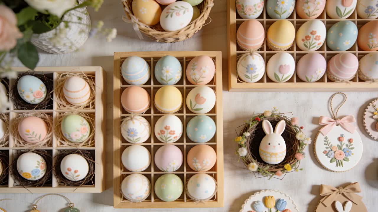 Camera slowly shifting and zooming, central tray showing pastel eggs, floral details on light table